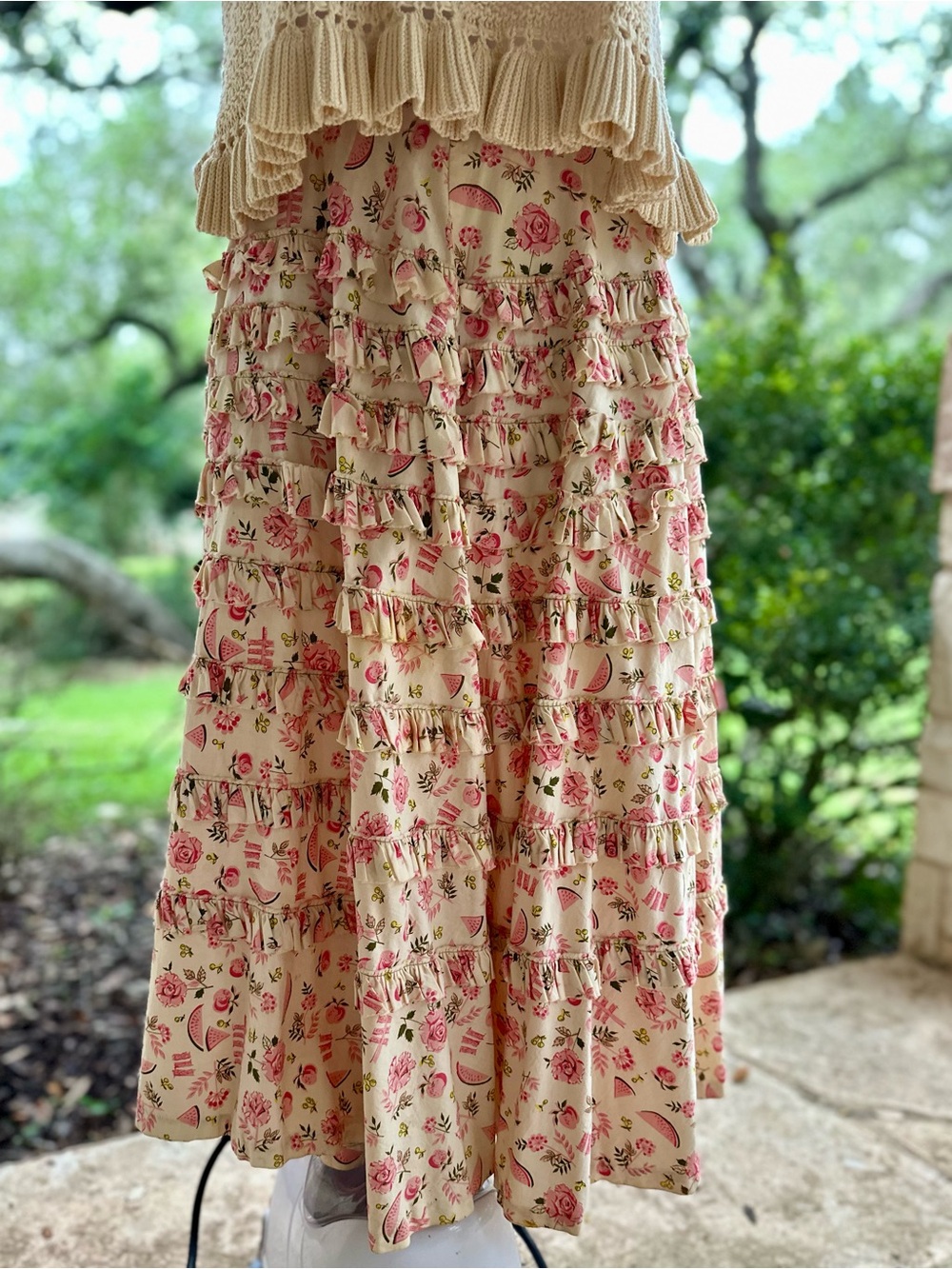 Vintage Cottagecore Handmade Pink Floral Tiered Ruffle Midi Skirt